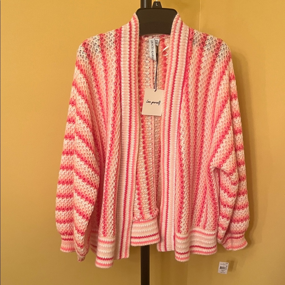 Grace+Karma chunky cozy soft knit sweater size M/L pink cream striped NWT open